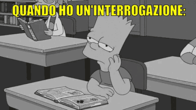 bart simpson sits at a desk reading a book with the words quando ho un ' interrogazione written above him