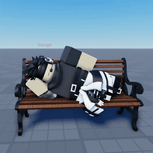 a 3d model of a person laying on a park bench with the name stranger visible