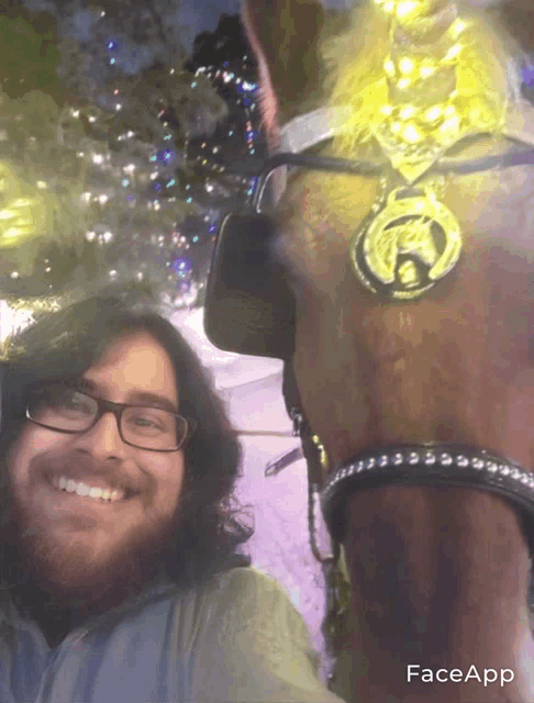 a man with glasses and a beard is smiling next to a horse with a face app watermark