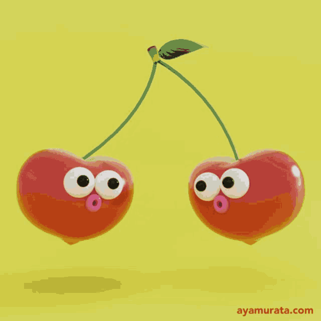 a couple of cherries kissing with the website ayamurata.com in the lower right corner
