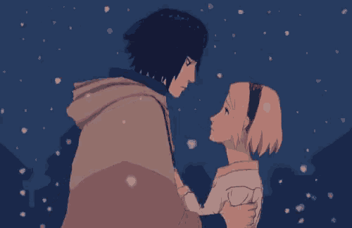 a man and a woman are looking at each other