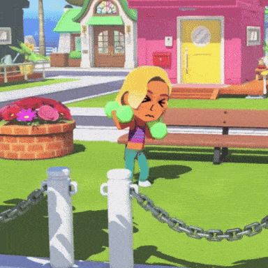 a cartoon girl is lifting dumbbells in a park