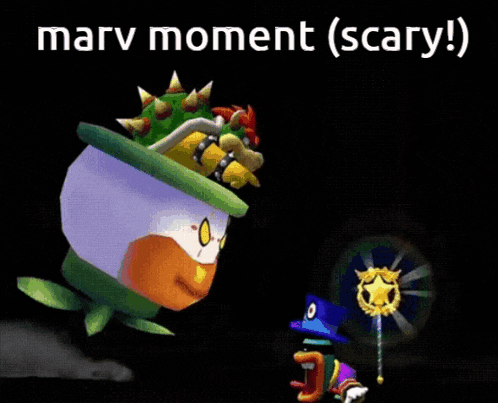 a video game character with the words marv moment ( scary )