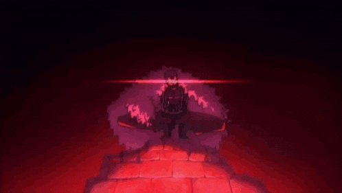 a cartoon character with pink hair and red pants is flying through the air in a dark room .