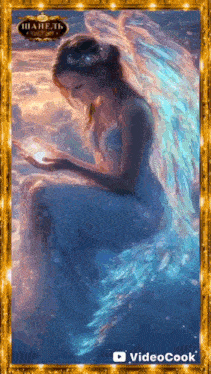 a painting of a woman with angel wings holding a light in her hands