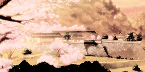 a painting of a house with cherry blossoms in the background