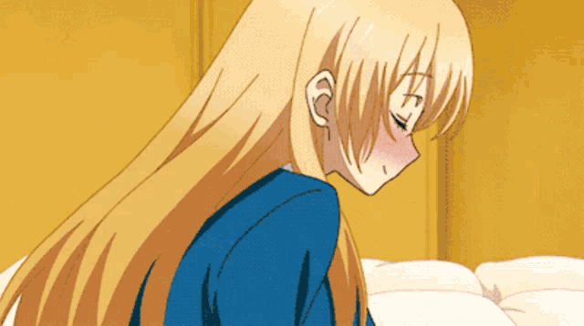 a blonde anime girl with long hair and a blue jacket