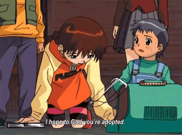 a girl in an orange sweatshirt says i hope to god you re adopted