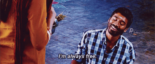 a man in a plaid shirt says " i 'm always free " in front of a woman