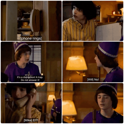 a collage of four images of a boy talking on a phone