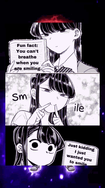 a girl is holding a piece of paper that says fun fact you can 't breathe when you are smiling sm ile