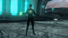 a man in a green lantern costume is standing in a room with a green light coming out of his chest .