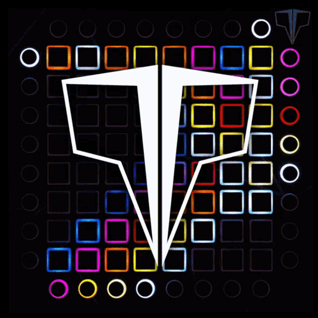 a black background with colorful squares and circles and a white triangle in the middle