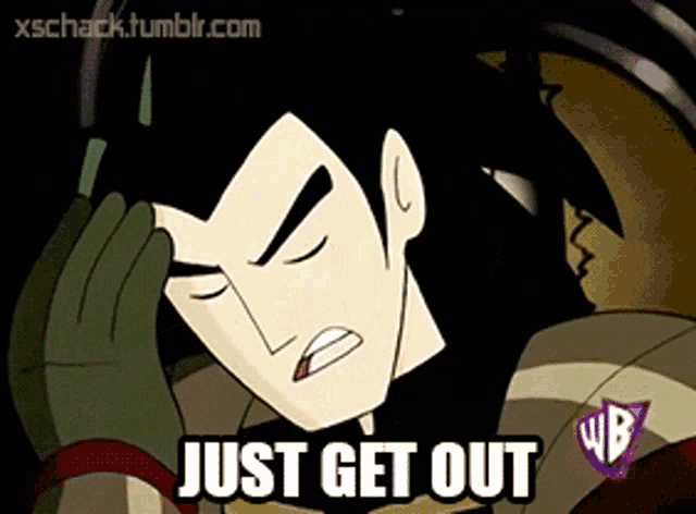 a cartoon character says just get out with a wb logo behind him
