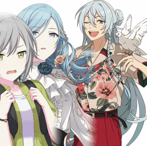 three anime characters are standing next to each other with one holding a white bird
