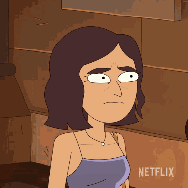 a cartoon of a woman with a necklace and a netflix logo behind her