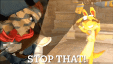 two cartoon characters are standing next to each other and the words stop that are visible
