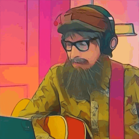 a man with a beard and glasses is playing a guitar