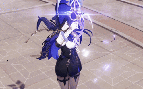 a video game character is holding a sword with purple lightning behind her
