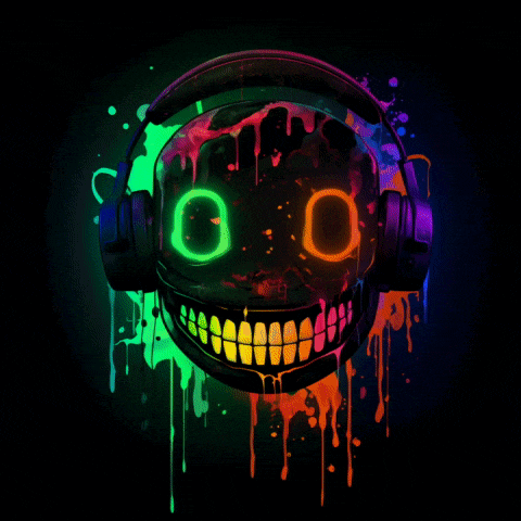 a colorful skull with headphones and glowing eyes that says 0 0