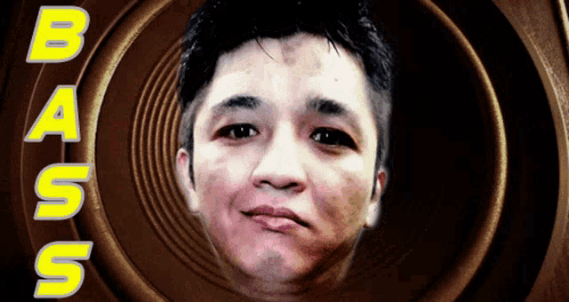 a man 's face is surrounded by the words bass on a brown background