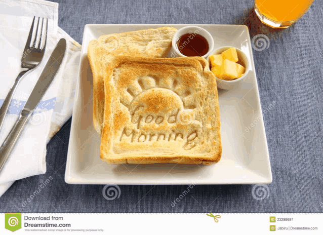 two slices of toast with the words good morning written on them