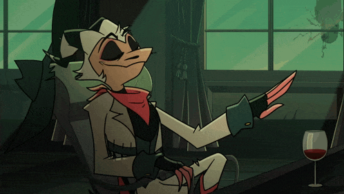 a cartoon character is sitting in a chair with a glass of wine