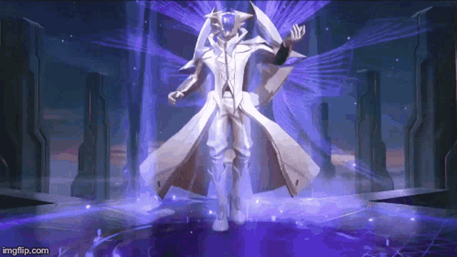 a man in a white coat is standing in a purple room with a purple background .
