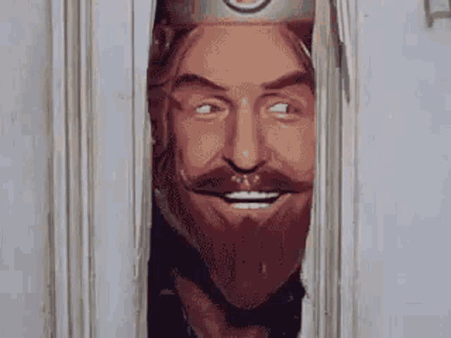 a man with a beard and a crown on his head is looking out of a doorway .