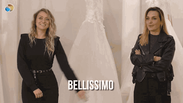 two women are standing next to each other and the word bellissimo is on the bottom