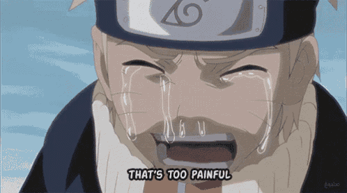 a cartoon character is crying with the words that 's too painful