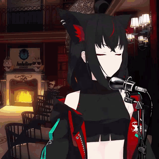 a girl singing into a microphone in front of a fireplace with the word hololive on it