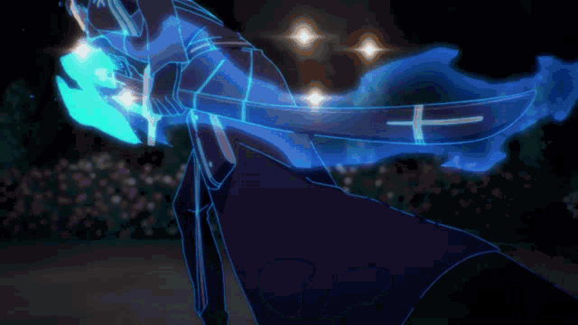 a person holding a blue sword with a cross on the blade