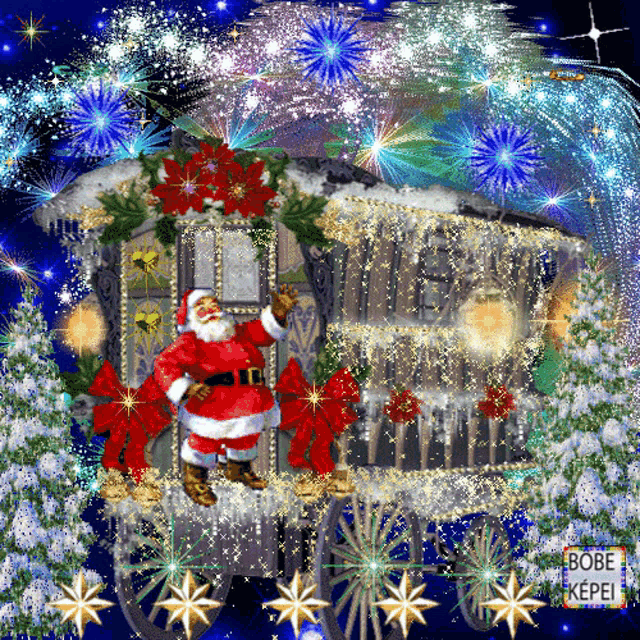 a christmas greeting card with santa claus and fireworks