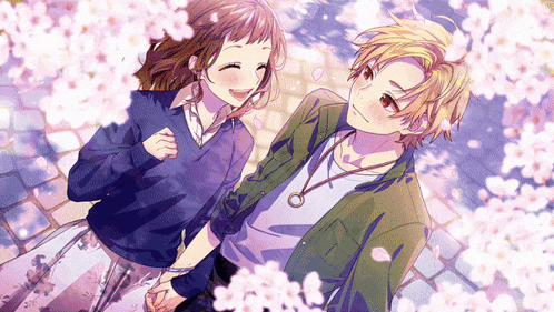 a boy and a girl are holding hands surrounded by flowers