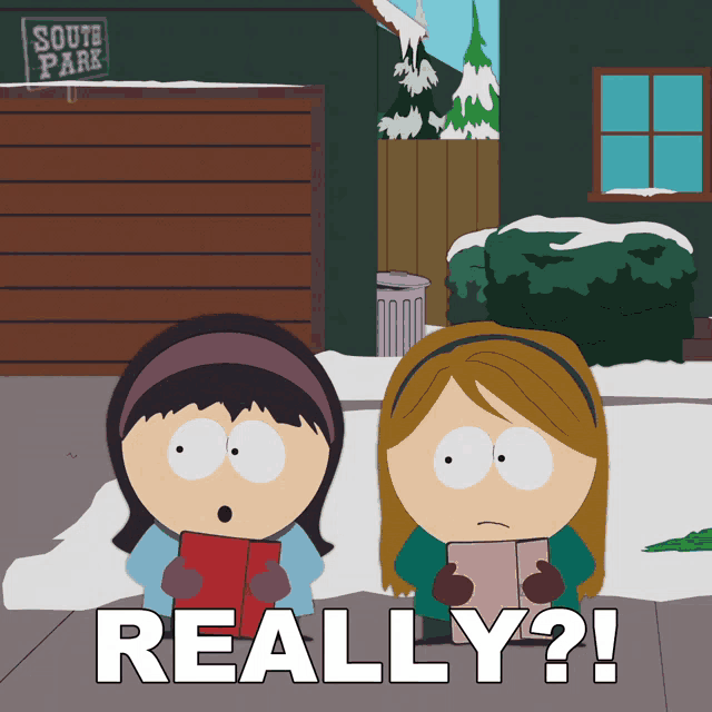 two girls standing in front of a sign that says ' south park ' on it