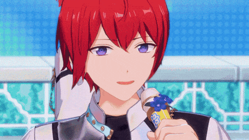 a cartoon character with red hair and purple eyes is holding a yellow object