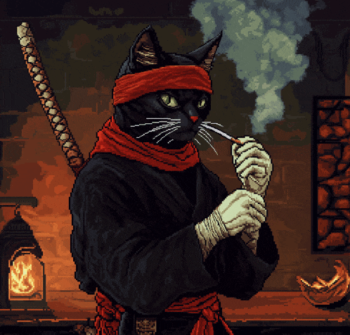 a pixel art illustration of a black cat smoking a pipe