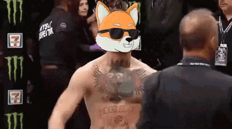 a man with a fox head and sunglasses is standing next to a man .