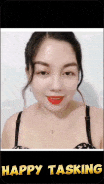 a woman 's face is shown with the words happy tasking below it