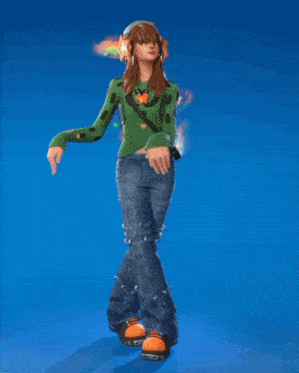 a girl in a green sweater and blue jeans is dancing in front of a blue background
