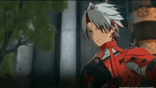 a video game character with gray hair and a red jacket is standing in front of a building .