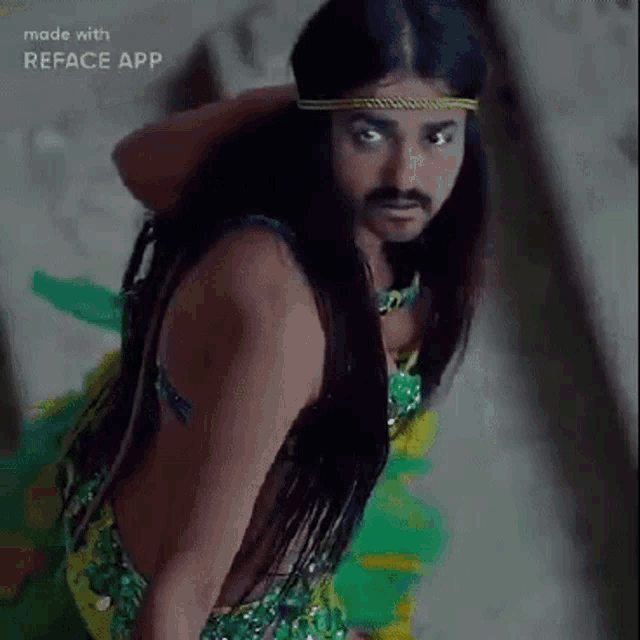 a man with long hair and a mustache is wearing a green and yellow outfit made by reface app