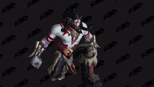 a 3d model of a warrior with a skull pattern in the background