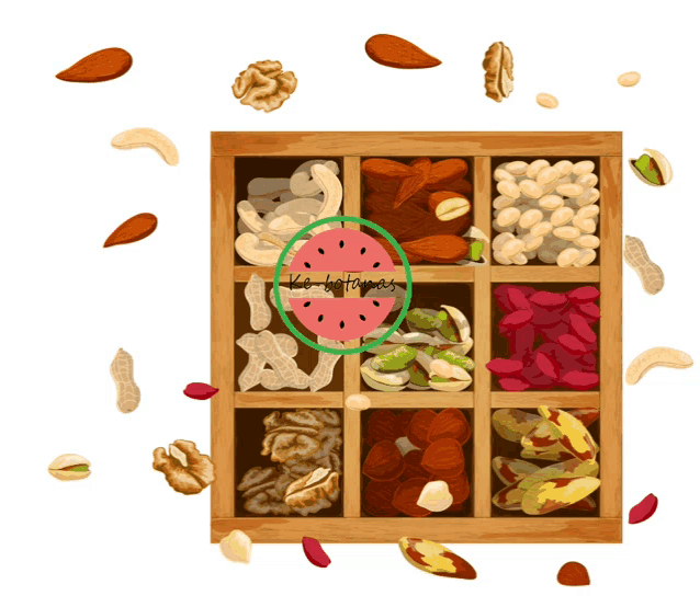 a wooden box filled with different types of nuts with a watermelon in the center