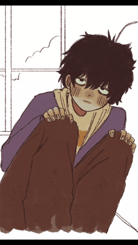 a drawing of a boy with a purple shirt and brown pants