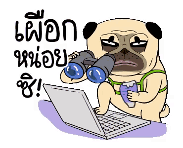 a pug dog is looking through binoculars while sitting in front of a laptop computer