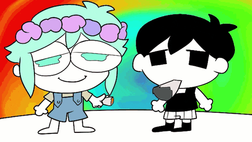 two cartoon characters are standing next to each other with a rainbow in the background