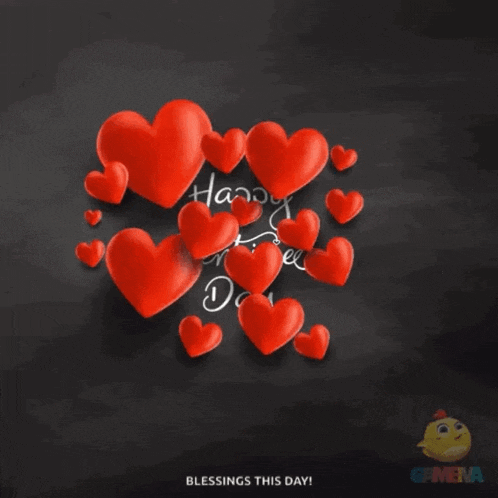a happy valentine 's day greeting card with red hearts on a black background