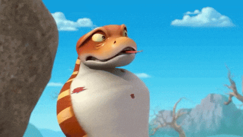 a cartoon snake with its tongue sticking out is standing next to a rock